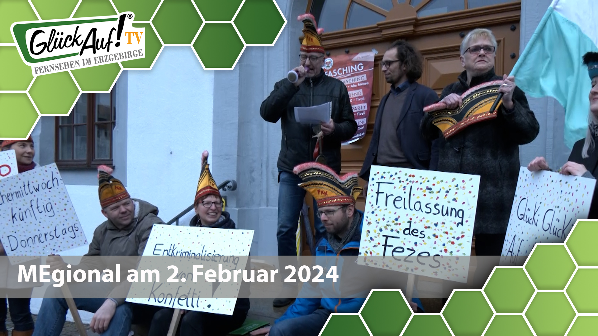 MEgional am 02. Februar 2024 mit den Faschingskleber am Rathaus Freiberg